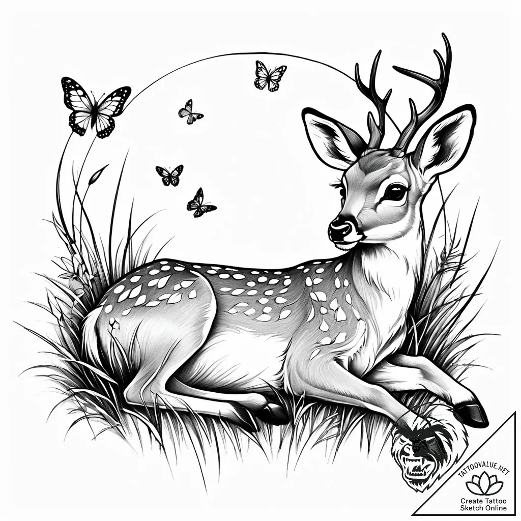 Tattoo sketch, bambi lying in grass with butt... - style Jaeger Simple - tattoo sketch (05.11.2025 21:48)