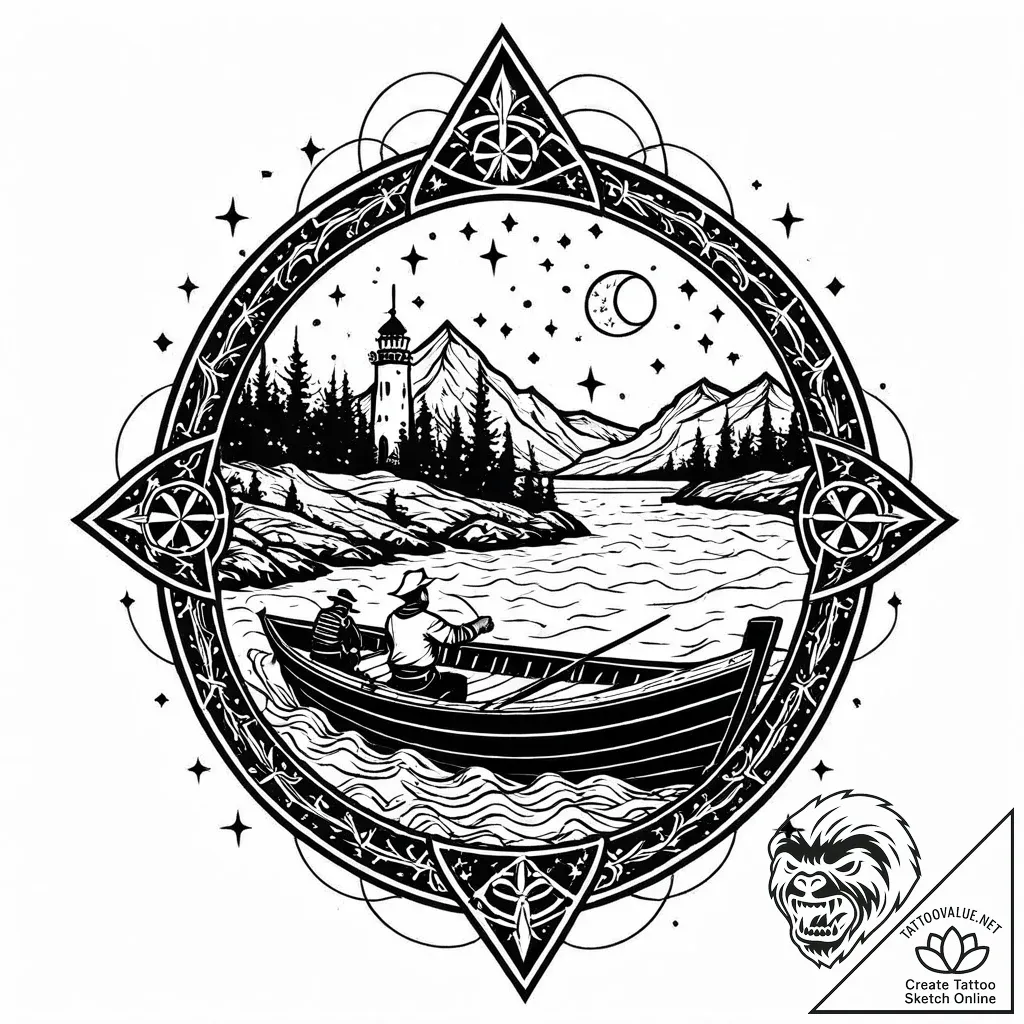 Ferryman poling a boat on a river of stars, t... - style Jaeger Mini - tattoo sketch (05.11.2025 21:53)