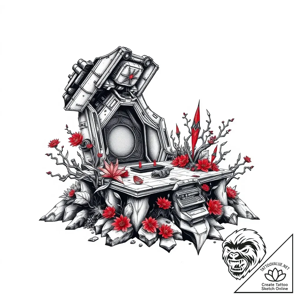 Altar made from a crashed satellite, adorned... - style Flux Inscriptions - tattoo sketch (05.11.2025 23:23)