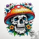 Mushroom blooming from skull, artistic tattoo… – style Jaeger Simple – tattoo sketch (05.11.2025 23:28)