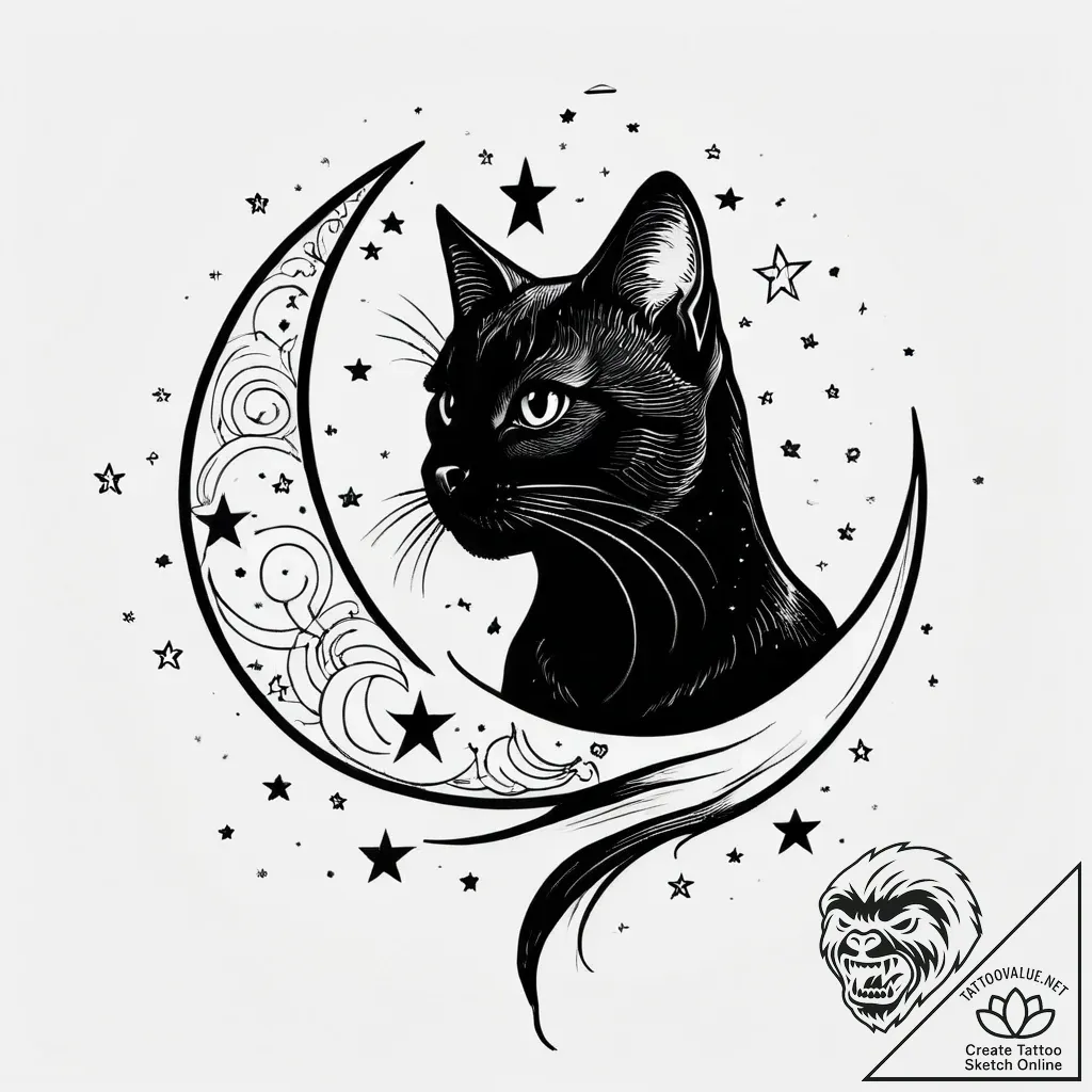 Tattoo sketch, black cat with crescent moon a... - style Jagger Old - tattoo sketch (05.11.2025 23:38)