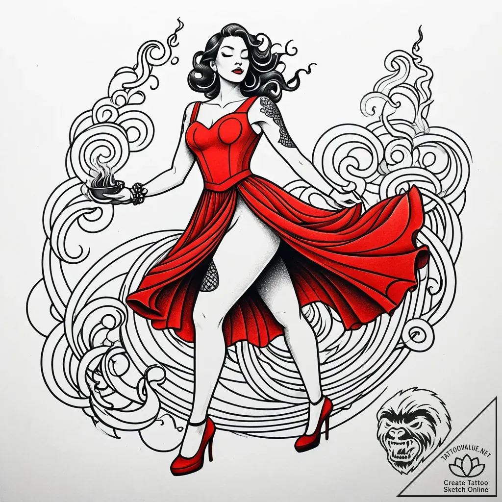 Tattoo sketch, paprikaвђ™s red dress flowing... - style Jaeger Simple - tattoo sketch (06.11.2025 00:28)