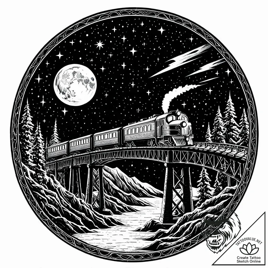 Tattoo sketch, polar express train crossing b... - style Jaeger Mini - tattoo sketch (06.11.2025 00:33)