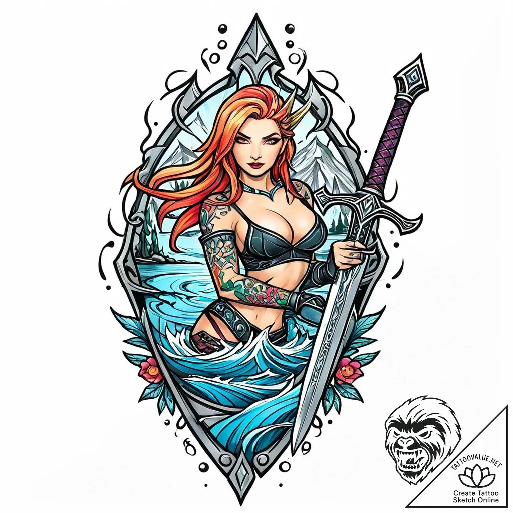 Lady of the lake holding a sword above the wa... - style Jaeger Mini - tattoo sketch (06.11.2025 00:53)