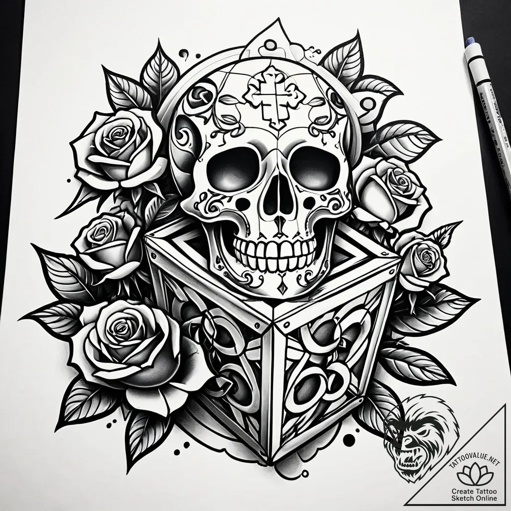 Puzzle box bound with chains, tattoo sketch d... - style Jaeger Simple - tattoo sketch (06.11.2025 01:08)