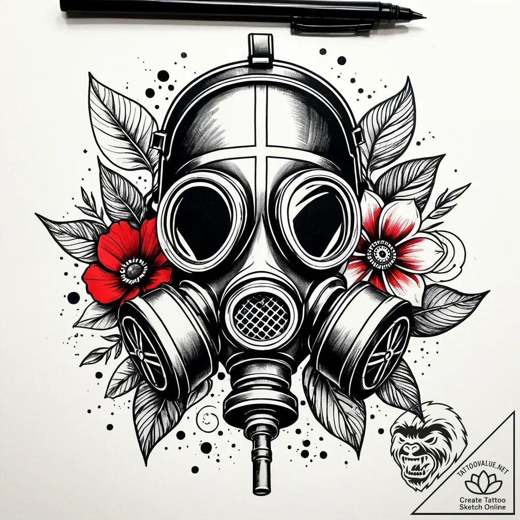 Gas mask with flowers growing from the filter... - style Jaeger Simple - tattoo sketch (06.11.2025 02:48)