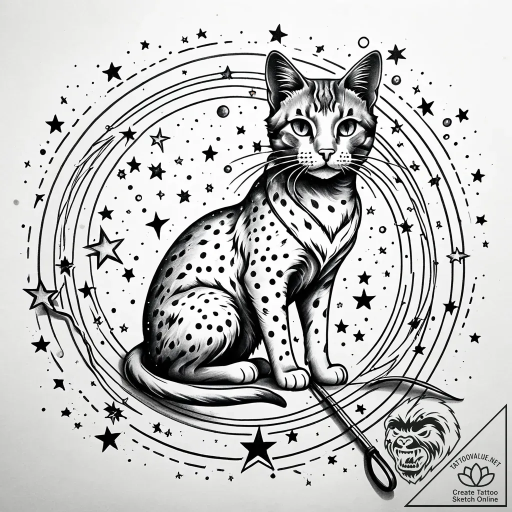 Astral cat floating among stars, artistic tat... - style Jaeger Simple - tattoo sketch (06.11.2025 03:08)