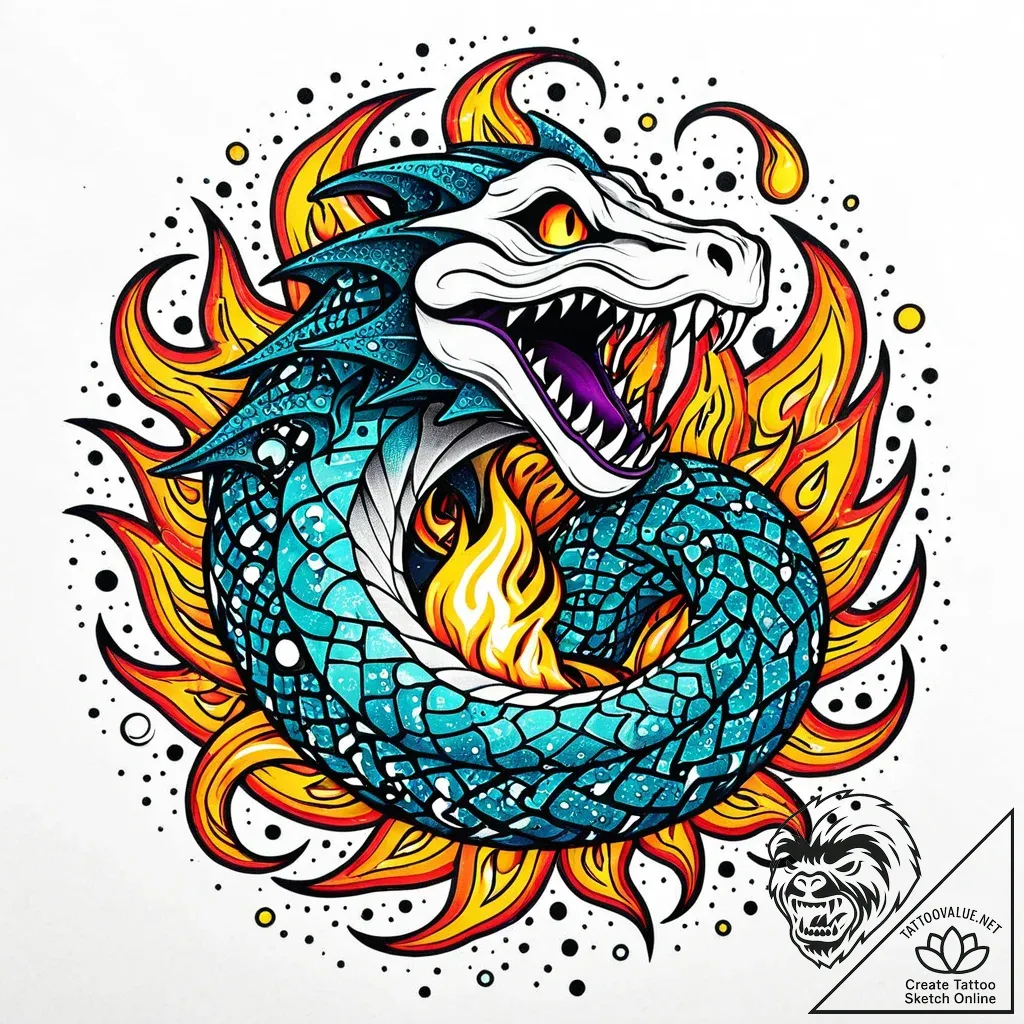 Ghost serpent devouring celestial flame, tatt... - style Jaeger Mini - tattoo sketch (06.11.2025 03:53)