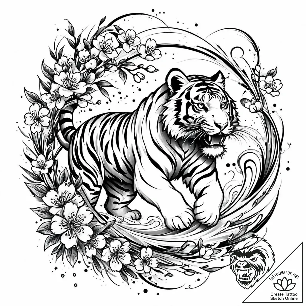 Tattoo sketch, tiger surrounded by swirling s... - style Jaeger Mini - tattoo sketch (06.11.2025 04:33)