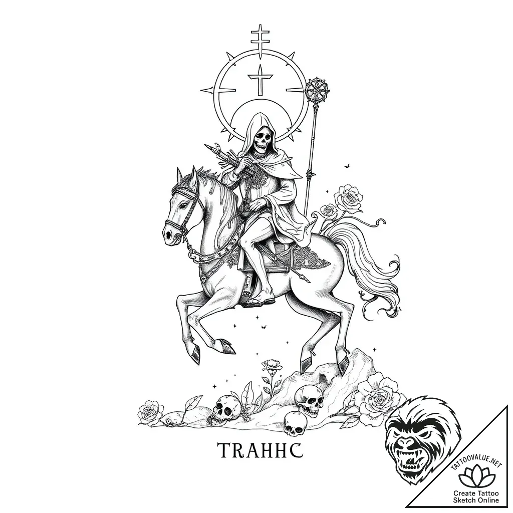 Death tarot card, reimagined with a modern, a... - style Flux Inscriptions - tattoo sketch (06.11.2025 05:03)