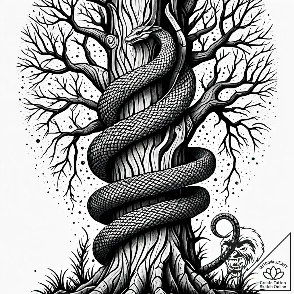Barbed serpent coiling tree trunk, concept ar... - style Jaeger Simple - tattoo sketch (06.11.2025 05:28)