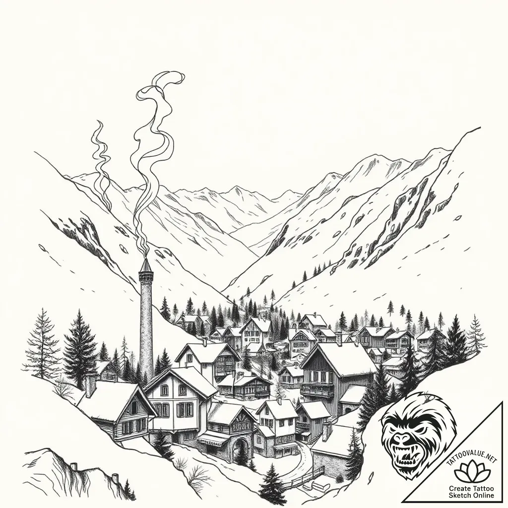 An alpine village nestled in a snow-covered v... - style Flux Inscriptions - tattoo sketch (06.11.2025 06:03)