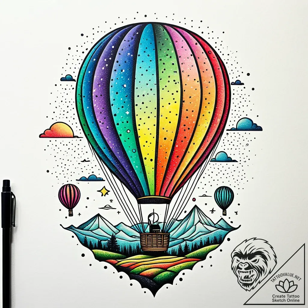 A whimsical balloon floating over a serene la... - style Jaeger Simple - tattoo sketch (06.11.2025 06:08)