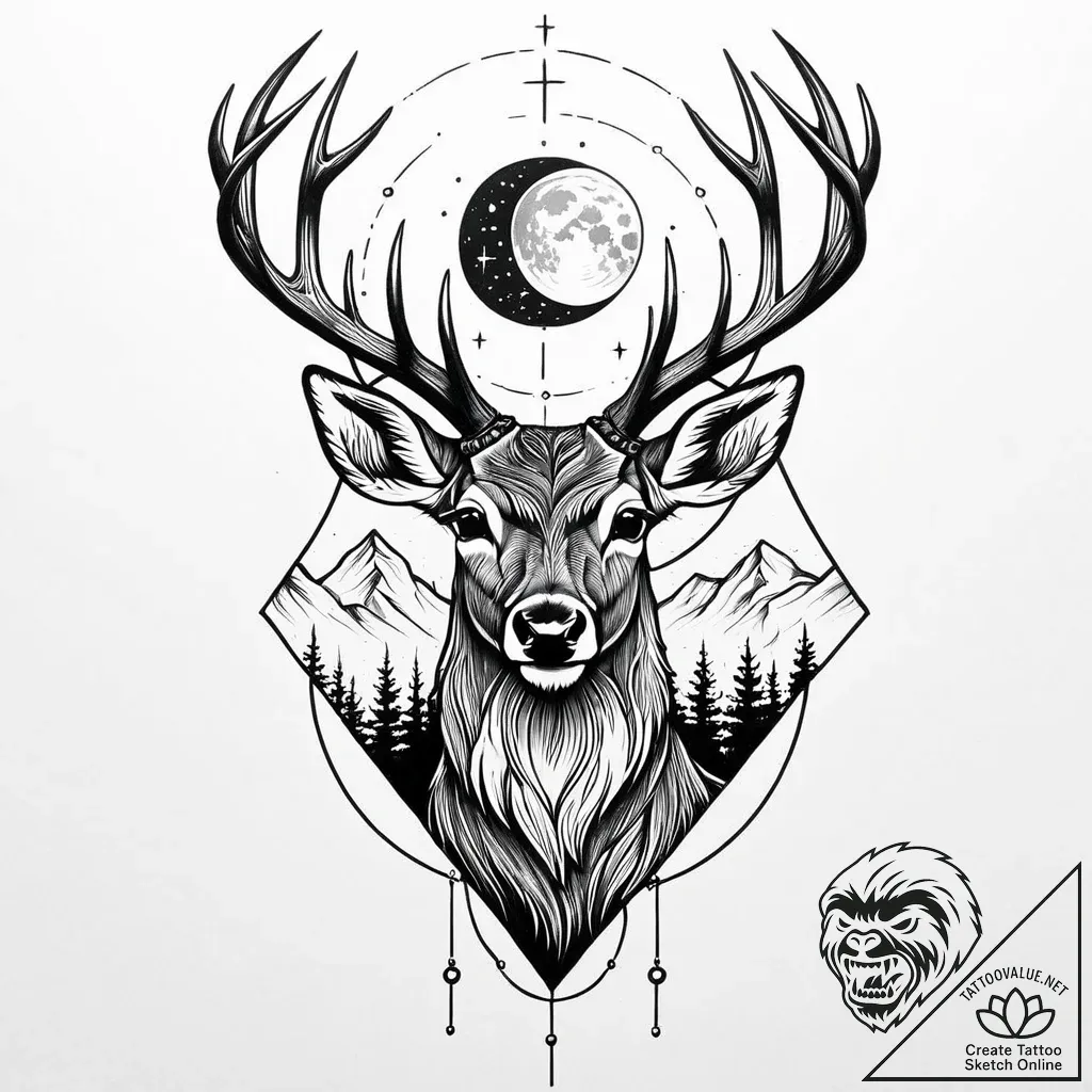 Ethereal deer beneath crimson moon, tattoo li... - style Jaeger Mini - tattoo sketch (06.11.2025 06:33)