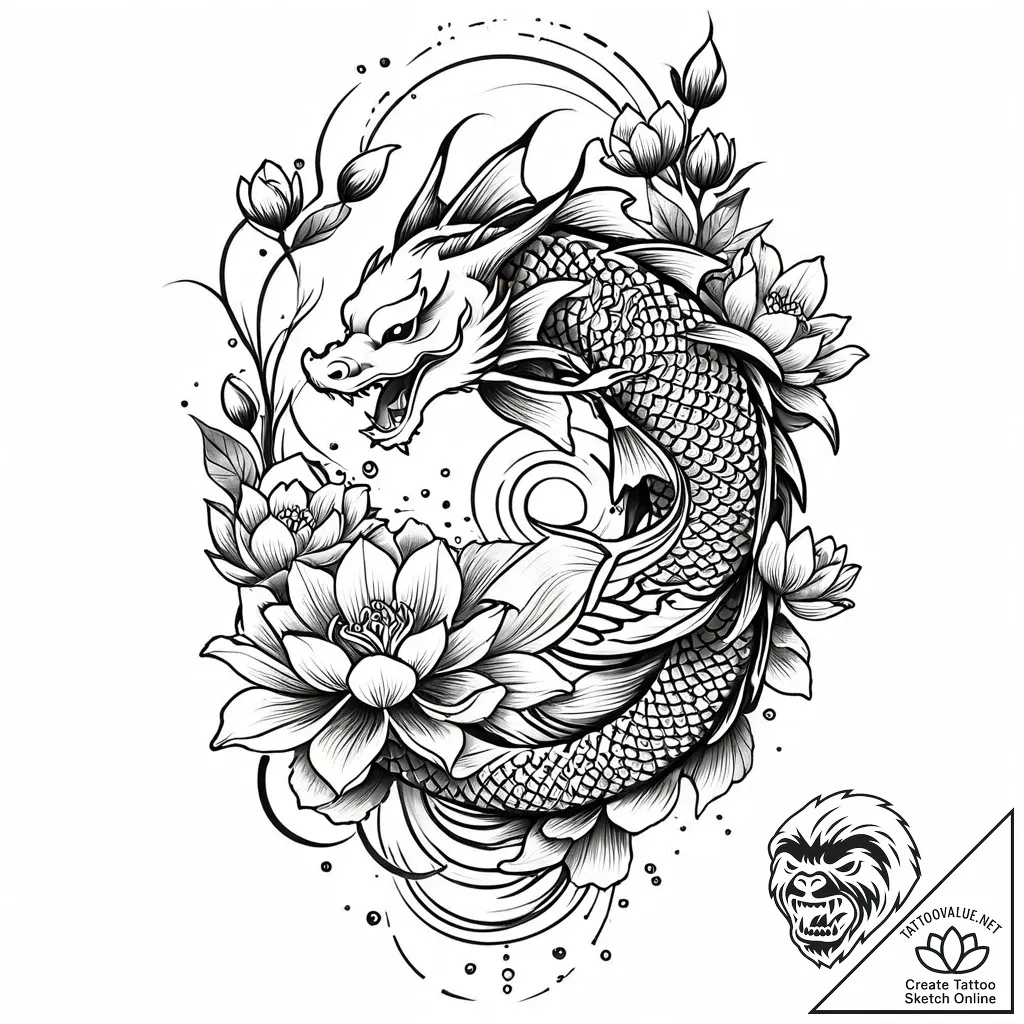 Koi fish circling blooming lotus, tattoo sket... - style Jaeger Mini - tattoo sketch (06.11.2025 07:53)