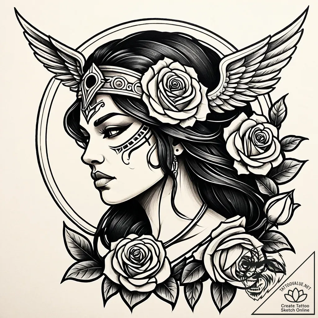 Valkyrie, ink illustration for tattoo, minima... - style Jaeger Simple - tattoo sketch (06.11.2025 08:28)
