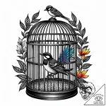 A whimsical bird in a cage, trapped,, tattoo… – style Jaeger Mini – tattoo sketch (06.11.2025 08:53)