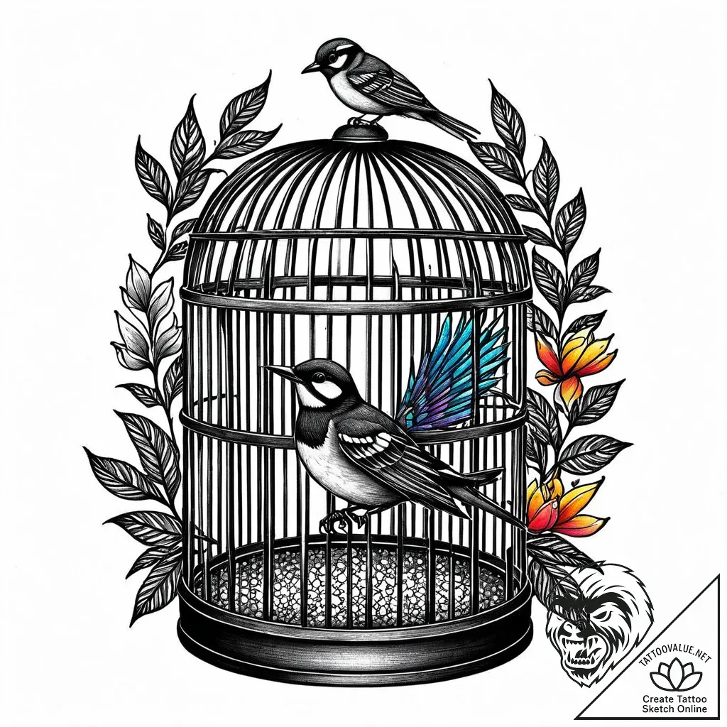 A whimsical bird in a cage, trapped,, tattoo... - style Jaeger Mini - tattoo sketch (06.11.2025 08:53)