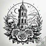 Tower beneath starfall sky, ink illustration… – style Jaeger Simple – tattoo sketch (06.11.2025 09:48)