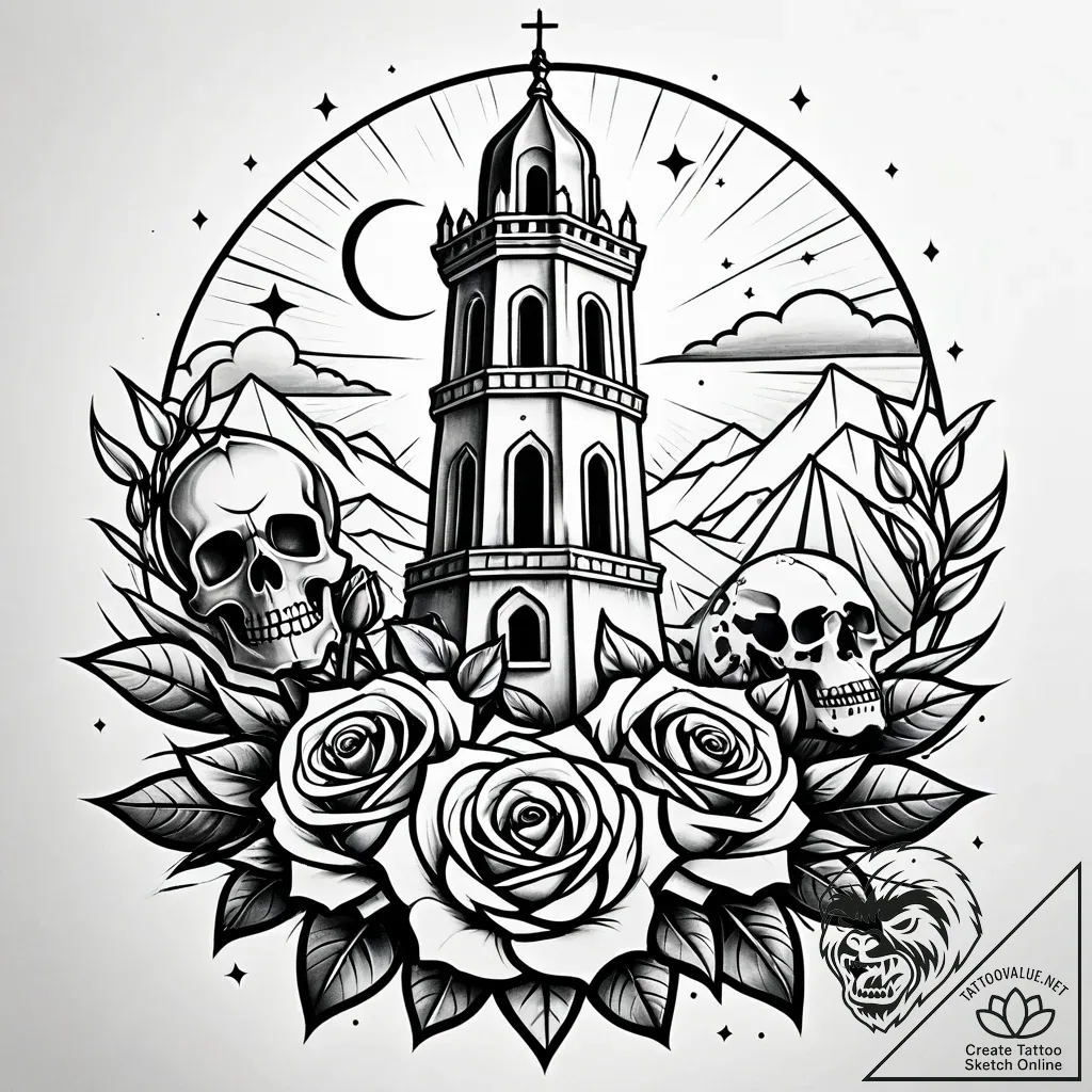 Tower beneath starfall sky, ink illustration... - style Jaeger Simple - tattoo sketch (06.11.2025 09:48)
