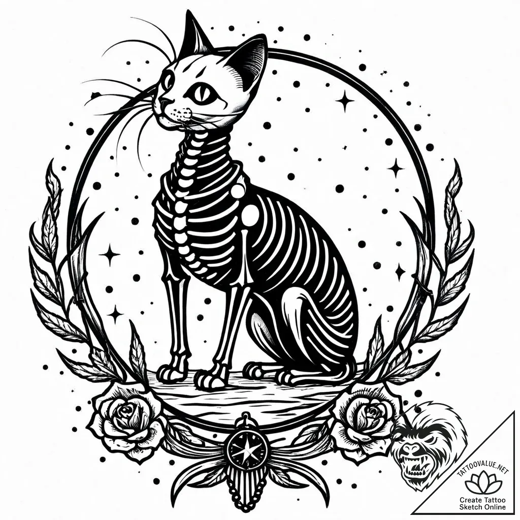 Black cat with a skeleton visible as a shimme... - style Jaeger Mini - tattoo sketch (06.11.2025 10:53)