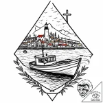 A sleek boat tied to a dock, harbor scene,, c… – style Jaeger Mini – tattoo sketch (06.11.2025 11:13)
