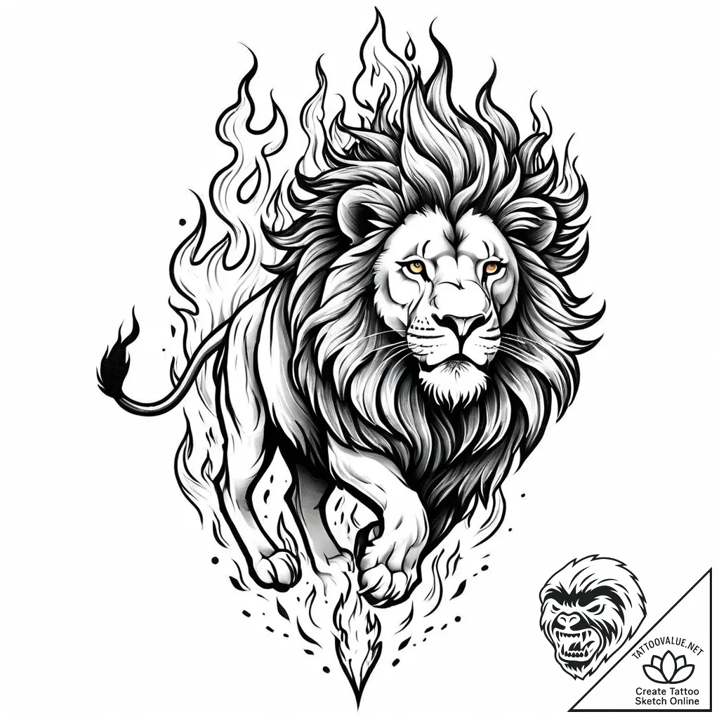 Animated lion with flaming mane, tattoo sketc... - style Jaeger Mini - tattoo sketch (06.11.2025 11:33)