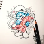 Tattoo sketch, brainy smurf holding scroll wi… – style Flux Inscriptions – tattoo sketch (06.11.2025 12:03)