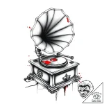 Decaying gramophone playing a silent tune, ta… – style Flux Inscriptions – tattoo sketch (06.11.2025 13:23)