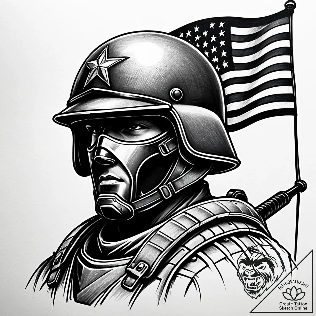 Tat tattoo sketch, soldier with battle helmet... - style Jaeger Simple - tattoo sketch (06.11.2025 14:48)