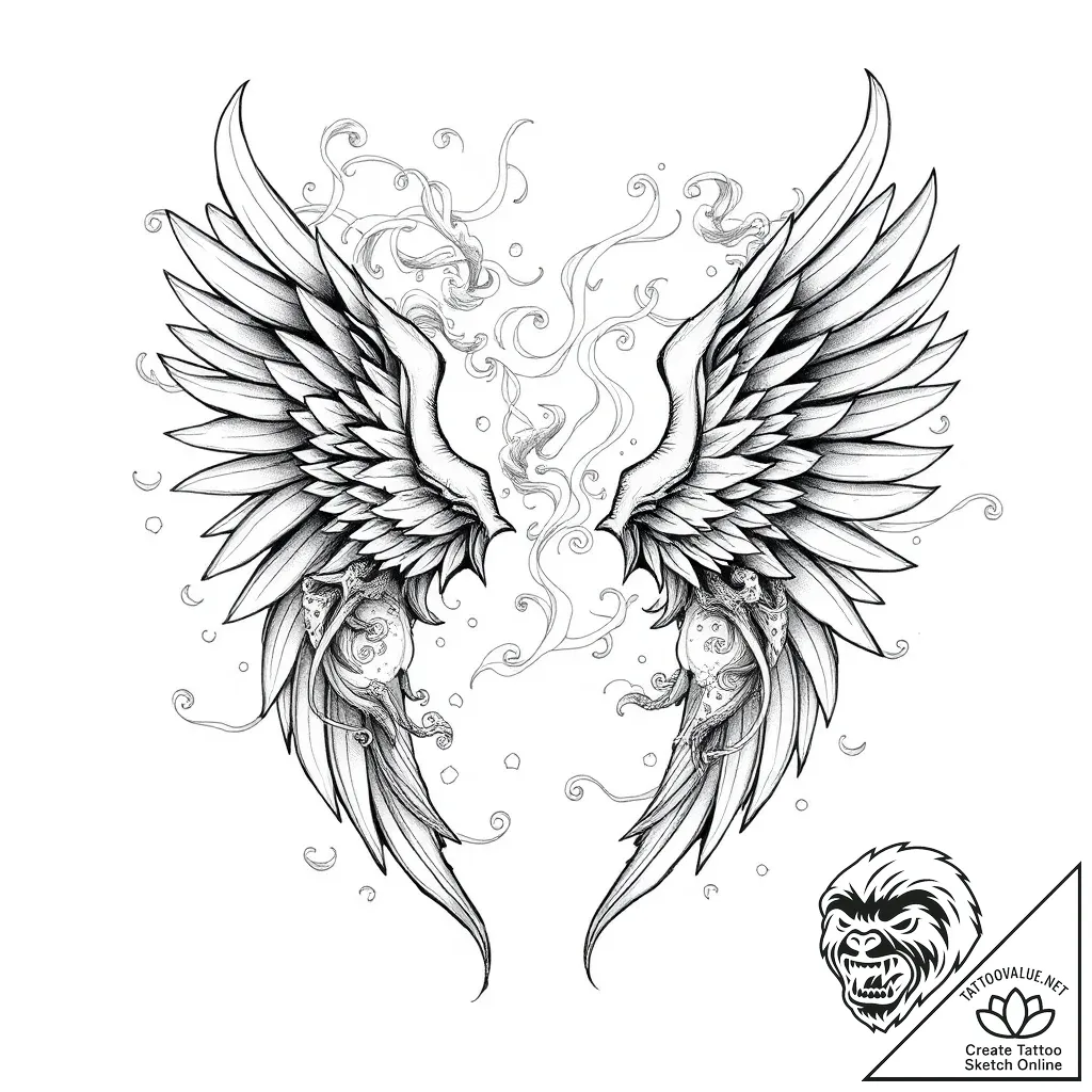 Runic wings tearing through mist, tattoo draw... - style Flux Inscriptions - tattoo sketch (07.11.2025 06:04)