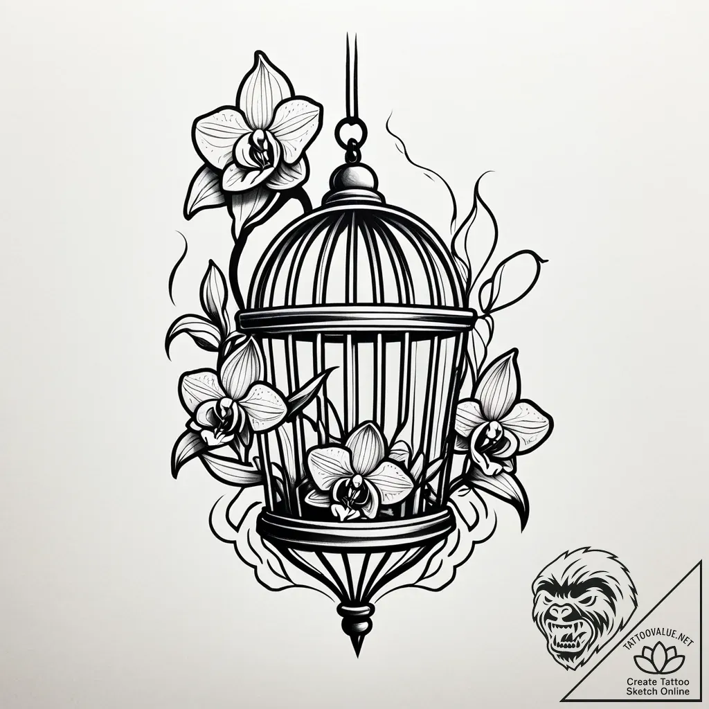 Orchid blooming through bone cage, concept ar... - style Jaeger Simple - tattoo sketch (07.11.2025 06:08)