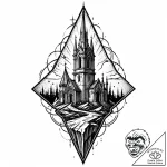 Nightfall relic beneath shattered spire, ink… – style Jaeger Mini – tattoo sketch (07.11.2025 06:13)