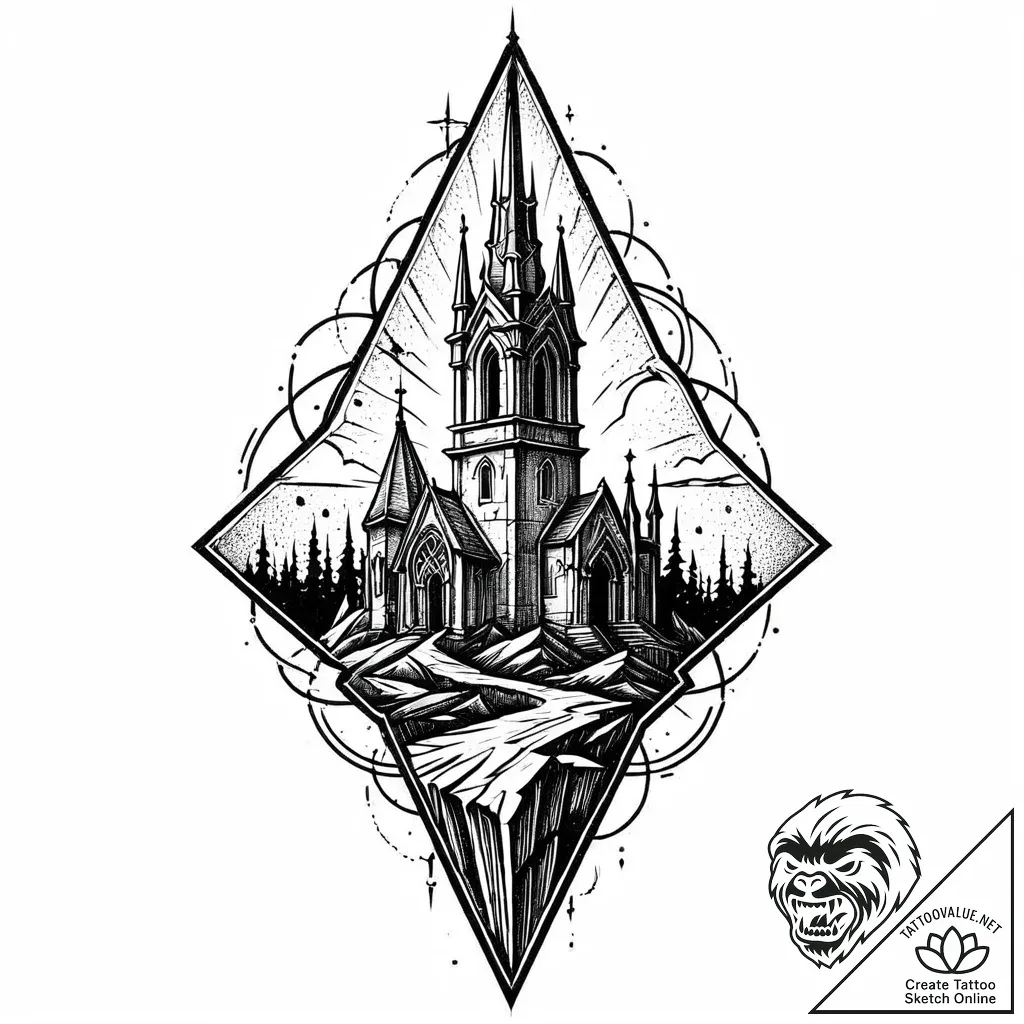 Nightfall relic beneath shattered spire, ink... - style Jaeger Mini - tattoo sketch (07.11.2025 06:13)