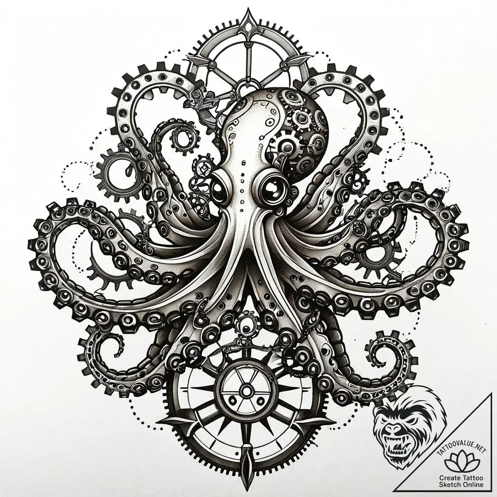 Tat tattoo sketch, steampunk octopus with clo... - style Jaeger Mini - tattoo sketch (07.11.2025 09:13)