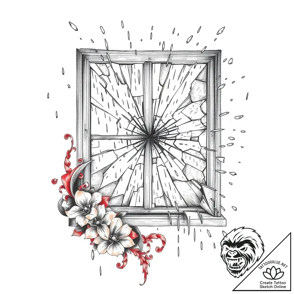 A detailed broken window with rain, dramatic,... - style Flux Inscriptions - tattoo sketch (07.11.2025 10:03)