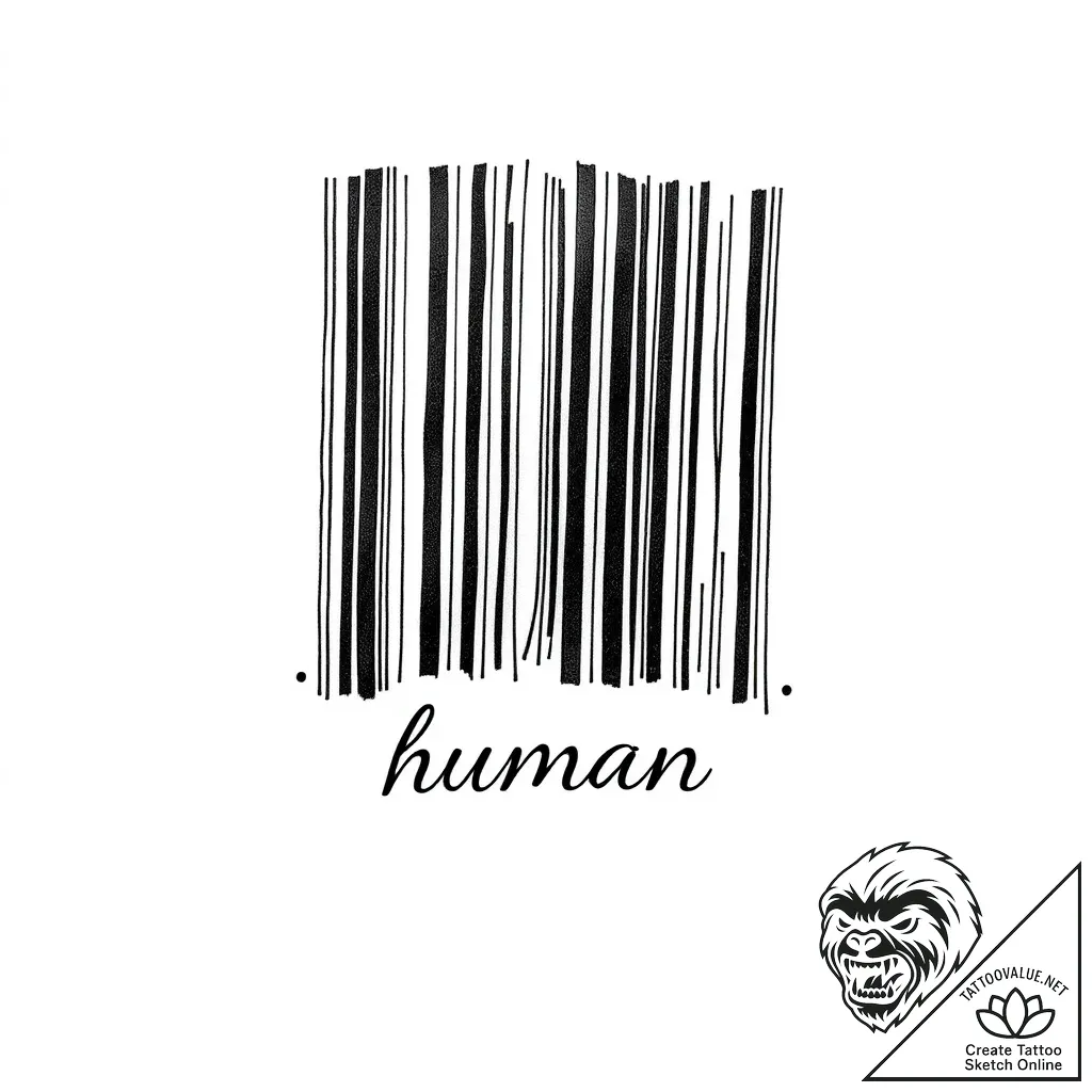 Barcode with the word 'human' or 'lost' under... - style Flux Inscriptions - tattoo sketch (07.11.2025 11:03)