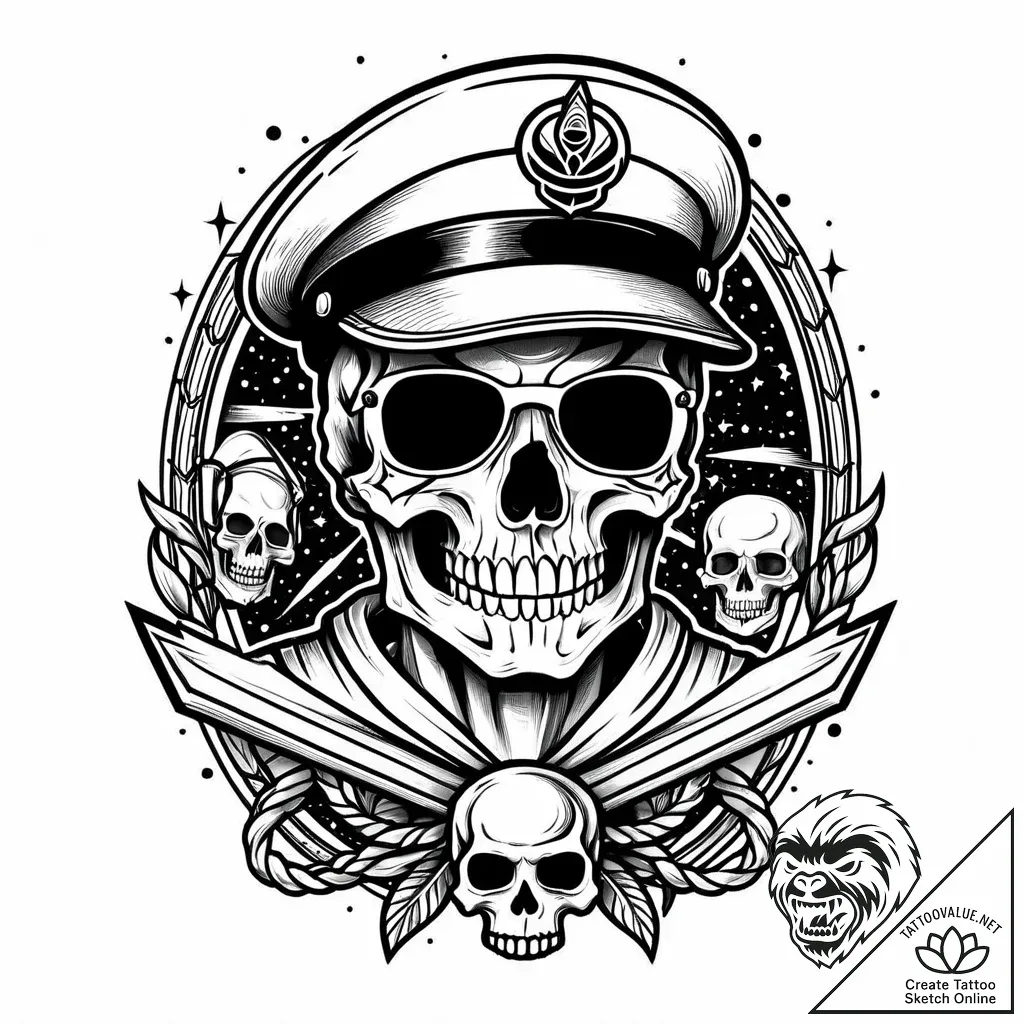 A skull with a glowing cyberpunk visor, tatto... - style Jaeger Mini - tattoo sketch (07.11.2025 11:33)