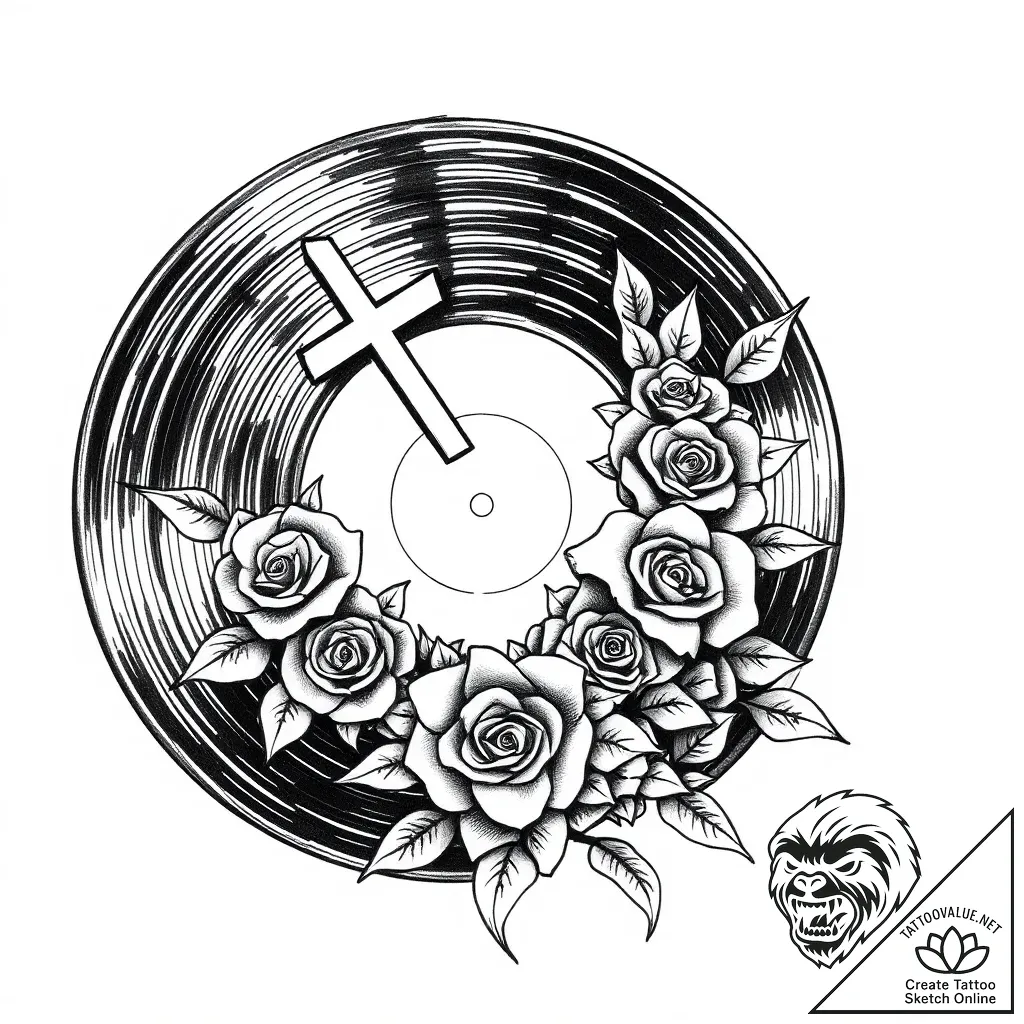 Vinyl record, black and glossy, tattoo sketch... - style Flux Inscriptions - tattoo sketch (07.11.2025 11:43)