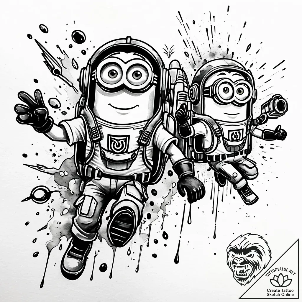 Tattoo sketch, minions flying with jetpacks,... - style Jaeger Simple - tattoo sketch (07.11.2025 12:08)