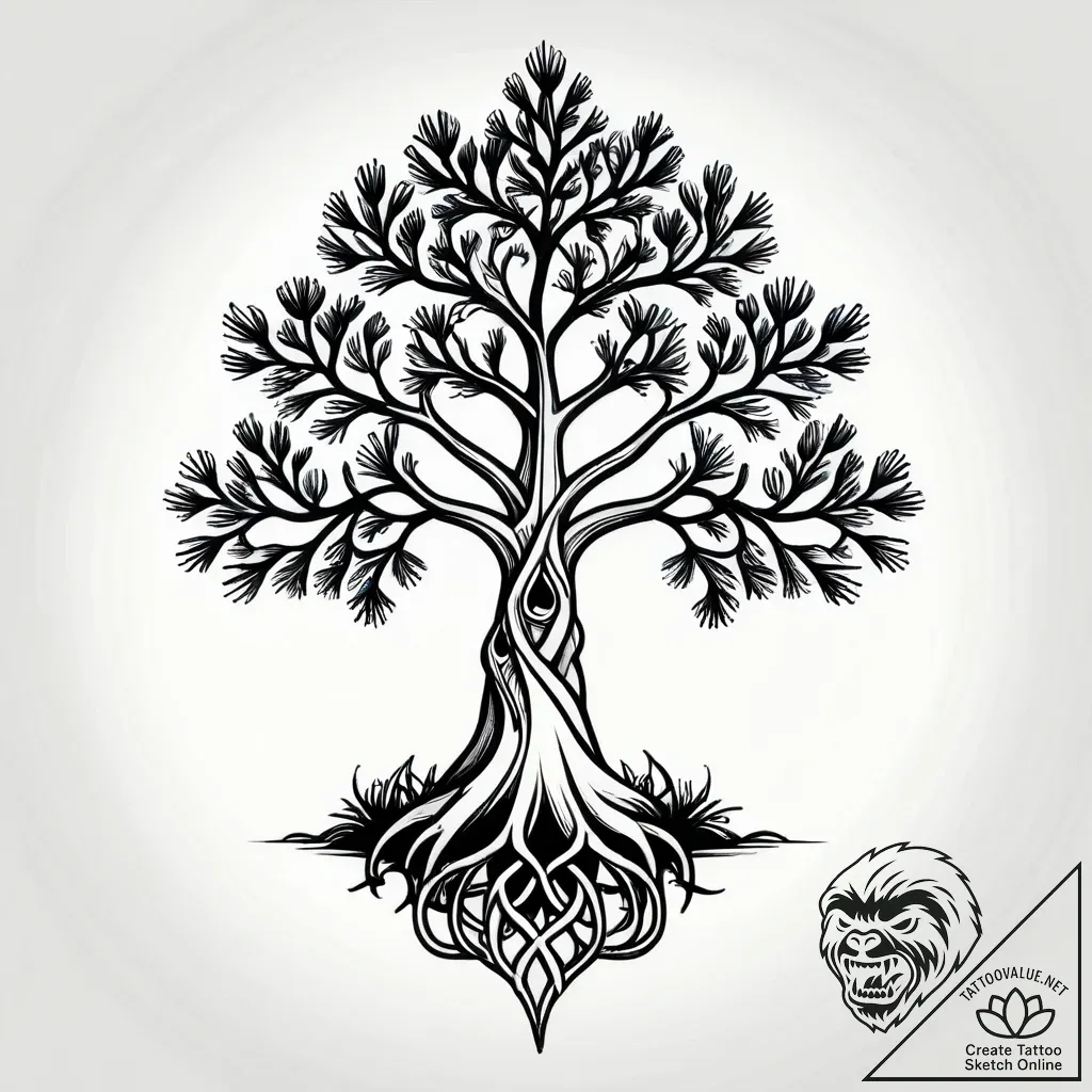 Pine tree with skeletal roots, ink illustrati... - style Jagger Old - tattoo sketch (07.11.2025 14:58)