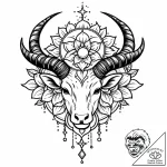 Horned relic beneath celestial bloom, tattoo… – style Jaeger Mini – tattoo sketch (07.11.2025 15:13)