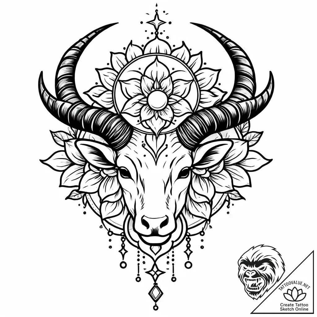 Horned relic beneath celestial bloom, tattoo... - style Jaeger Mini - tattoo sketch (07.11.2025 15:13)
