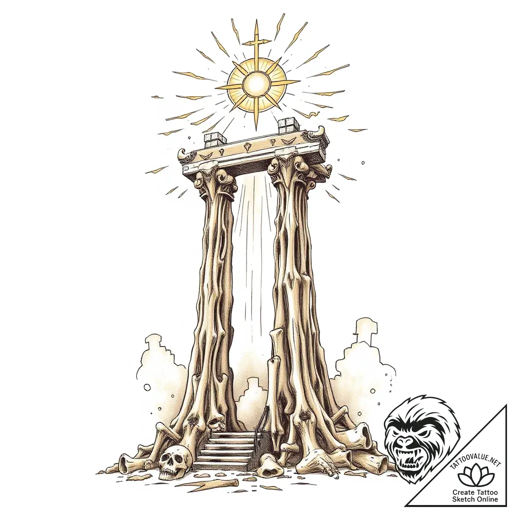 Pillar of bones beneath celestial gate, tatto... - style Flux Inscriptions - tattoo sketch (07.11.2025 15:43)