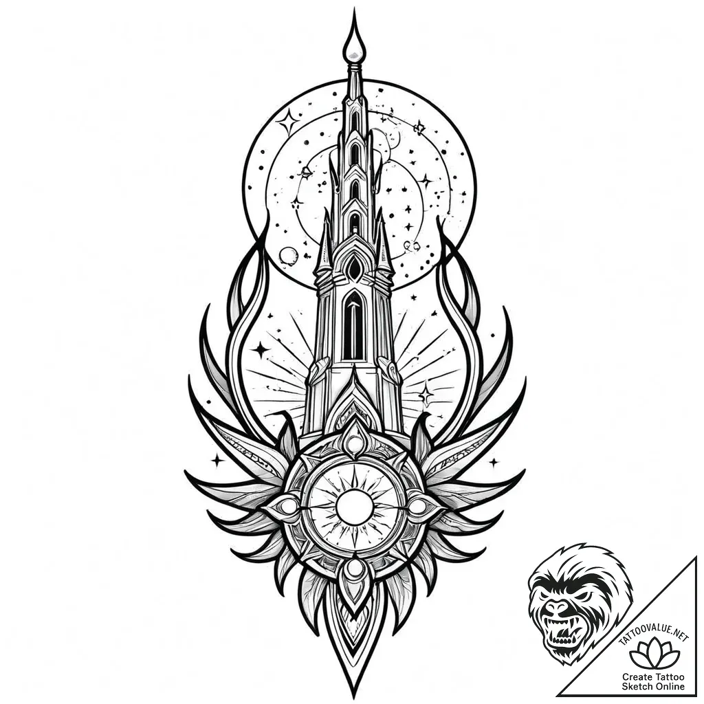Ivory relic beneath celestial spire, tattoo d... - style Jaeger Mini - tattoo sketch (07.11.2025 15:52)