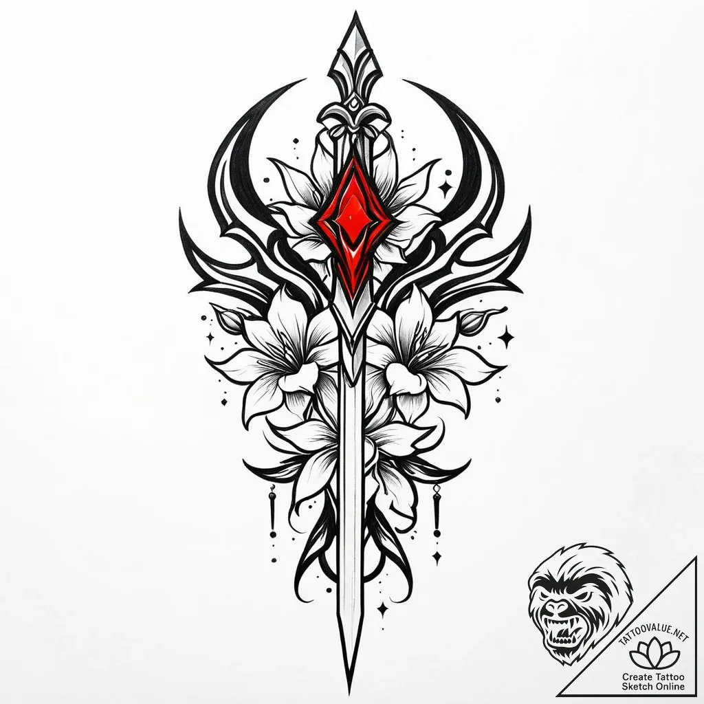 Ghost dagger beneath celestial bloom, artisti... - style Jaeger Mini - tattoo sketch (07.11.2025 19:53)