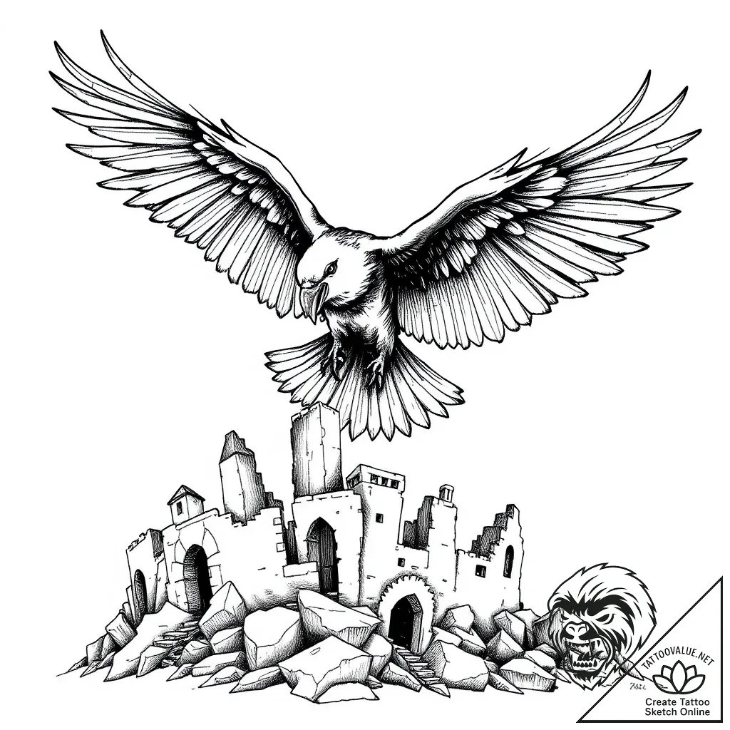 Apocalyptic raven flying over ruins, concept... - style Flux Inscriptions - tattoo sketch (07.11.2025 20:23)
