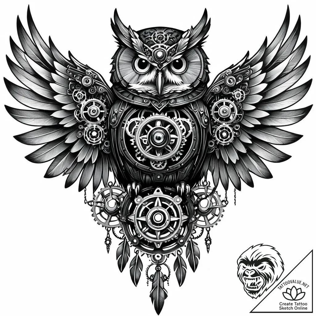 Tattoo sketch, mechanical owl with glowing ey... - style Jaeger Mini - tattoo sketch (07.11.2025 20:53)