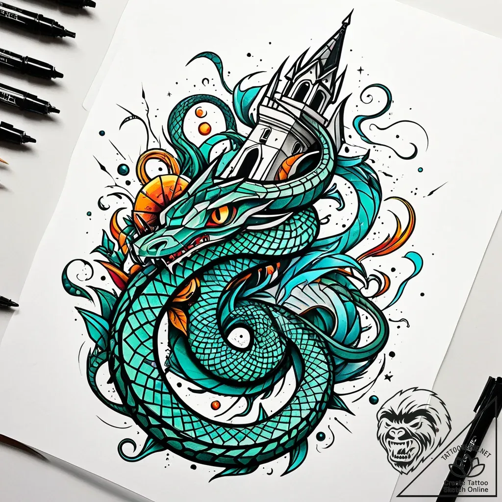 Graven serpent through shattered spire, ink i... - style Jaeger Simple - tattoo sketch (07.11.2025 21:28)