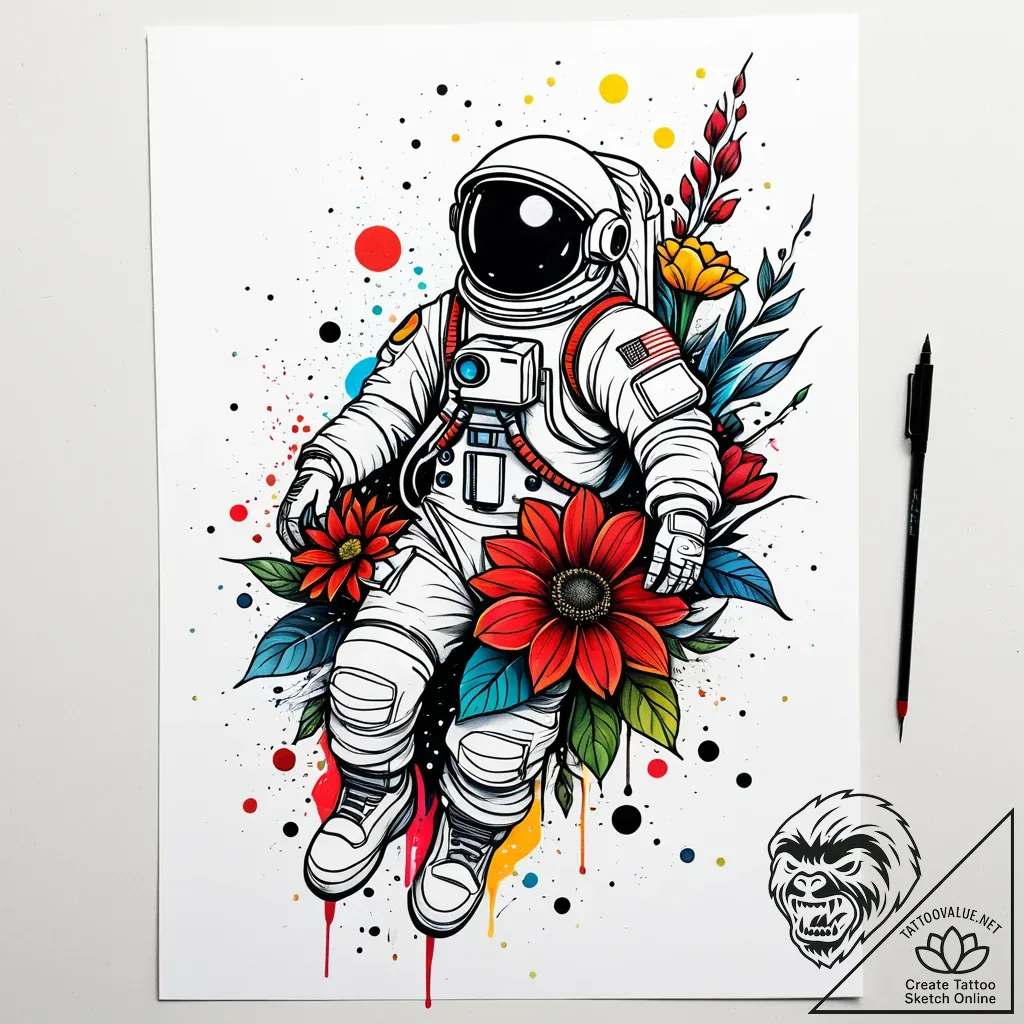 Astronaut holding a bouquet of flowers, conce... - style Jaeger Simple - tattoo sketch (07.11.2025 21:48)